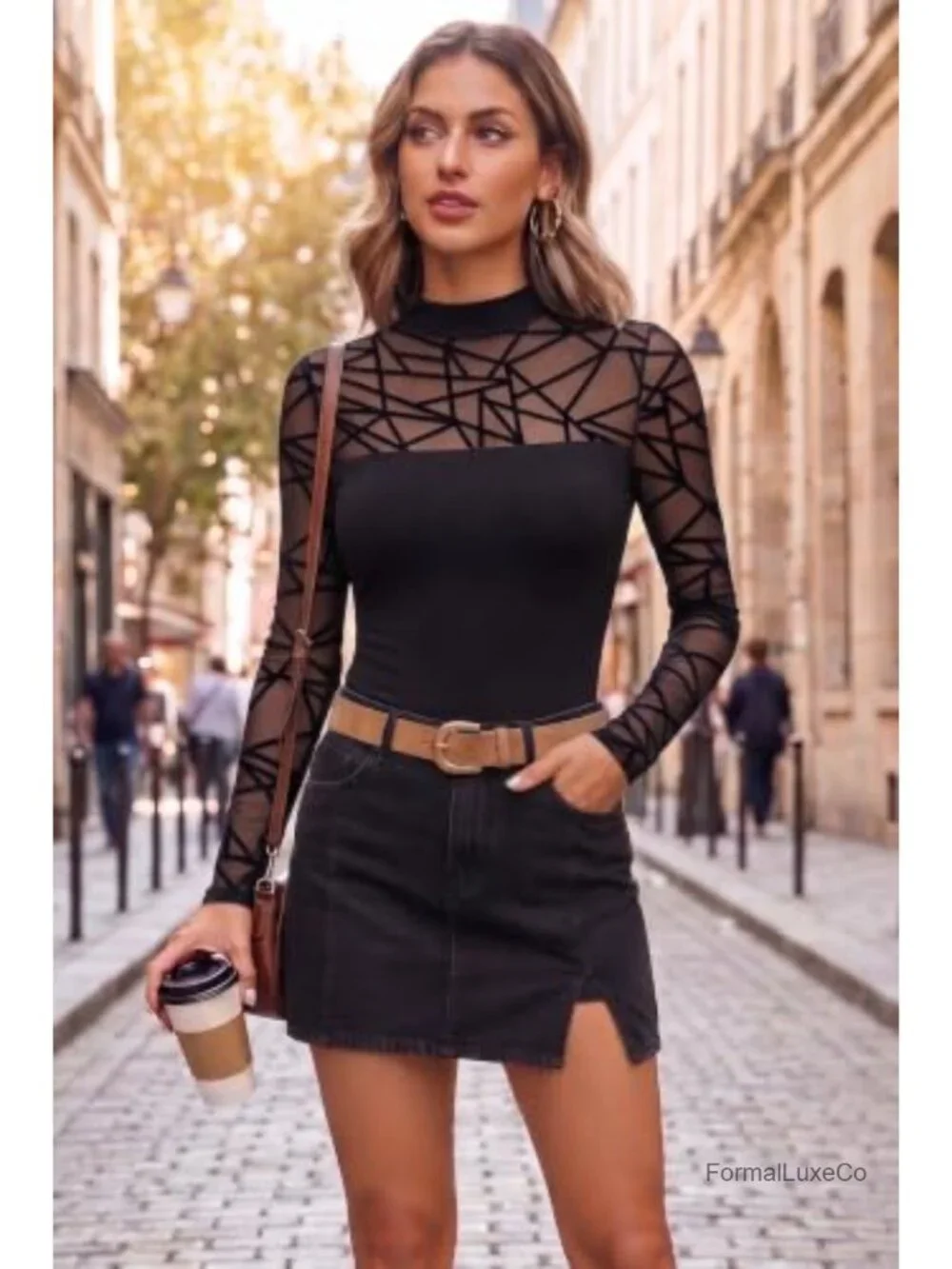 Women's Long Sleeve Lace Mesh Sheer Blouse, Stretchy Lightweight Fall Top